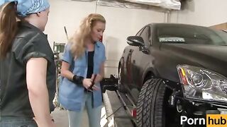 The girl is having fun with her girlfriend in the garage, exploring new sensations