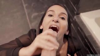 Extra small Danika Mori shakes above Steve’s cock before giving a blowjob