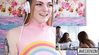 Carly Rae Summers reacts to intense James Deen vs Sara Luvv hardcore action