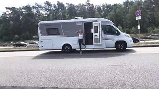 Public Sex on the A1 motorway in wet look leggings, cum splashed all over