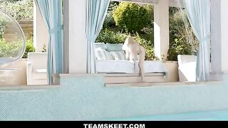 Petite Lola Fae does yoga by the pool wearing a bikini