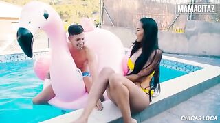 Petite brunette Andreina Deluxe enjoys sex with a big guy by the pool