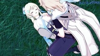 Aether fucks Lumine in the meadow of Genshin Impact at night