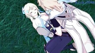 Aether fucks Lumine in the meadow of Genshin Impact at night