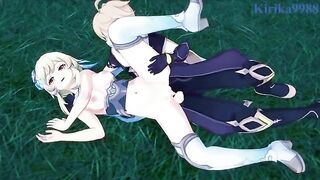 Aether fucks Lumine in the meadow of Genshin Impact at night