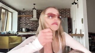 Pretty woman has sex with her boyfriend, cum on glasses