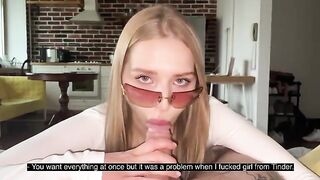 Pretty woman has sex with her boyfriend, cum on glasses
