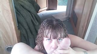 Lavender Joy, cock worshiping slut, deepthroats and swallows cum in mouth