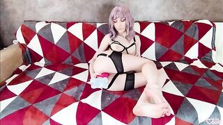 A cute girl played with a dildo and fake cum, showcasing her petite frame