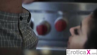 The couple has a hot sex in the kitchen, just like a scene from ErotiksaX