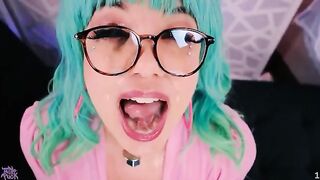 Sticky jizz on face and tongue with Little Puck’s wild, filthy energy