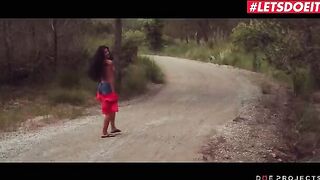 Petite brunette Alexa Tomas pisses in the street before getting fucked hard
