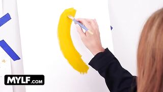 Artistic MILF with big boobs seduces her nude painting male model in a steamy scene