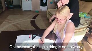 A shy student could not resist the tutor and took his dick in her mouth