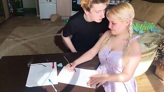 A shy student could not resist the tutor and took his dick in her mouth