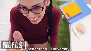 Andreina DeLuxe smokes and studies with Jordi for money in a steamy MOFOS scene