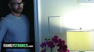 The stepdaughter pleases her stepdad while her stepmom is in the same room