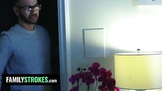 The stepdaughter pleases her stepdad while her stepmom is in the same room