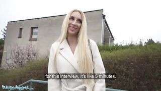 Tattooed blonde MILF posed in public basement for cash with agent