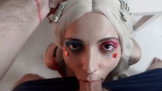 The crazy Harley Quinn sucks a big dick with a massive butt plug in her ass