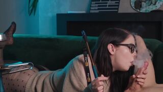 Nerdy girl in glasses gets her big ass smoked and pussy eaten in 69 position