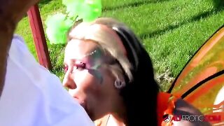 A tattooed cosplay model fucked outdoors in a passionate act