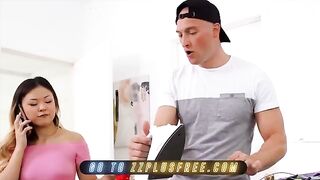 Asian babe Lulu Chu catches her roommate Zac Wild watching her in the bathroom