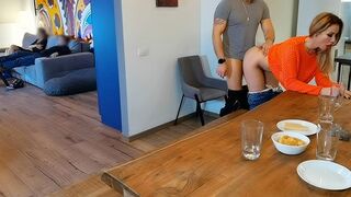 A hot woman cheats on her husband with someone right in front of him