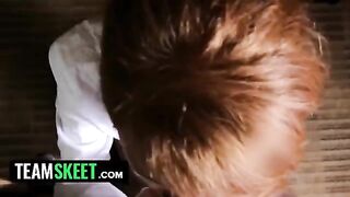 The housekeeper, a sweet-looking redhead named Abbey Rain, gets on her knees