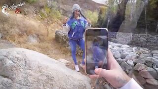 A sexy girl made a blowjob to her lover in nature after a photo shoot