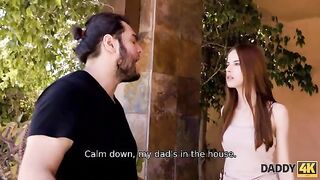 Redhead babe doesn’t wait for boyfriend, gets wild with dad instead