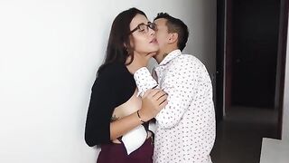 My clumsy girl colleague was rewarded by the boss with her mouth full of sperm