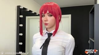 Submissive pleases dominant Makima with hard sex and dirty talk in latex