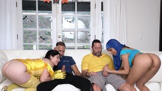 Two sexy stepdaughters in costumes getting fucked by their Dads