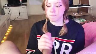 Student gently sucks cock and gets a lot of cum on her tongue