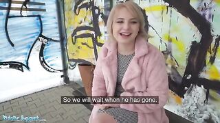 Blonde teen with short hair gets fucked at the bus stop
