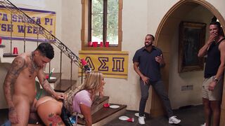 Hot busty MILF housekeeper gets fucked hard by a group of horny college frat boys