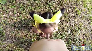 A sensual Japanese themed sex with an 18 y.o. amateur is done outdoors