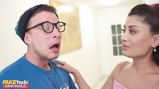 Hot Indian British model licks the cum off dork's glasses after he cum on his face