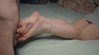 Petite lady shows small feet and does foot job with cum on soles