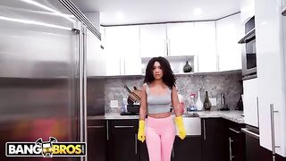 A lovely housekeeper, Luna, cleans a big black cock with her mouth and pussy