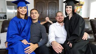 The stepfather fucked his step-daughters Hazel Heart and Remi Jones for their graduation