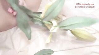 A girl with flowers in her ass gets fucked and cummed on