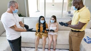 Two step daughters get their pussies cleaned and fucked by two mature men