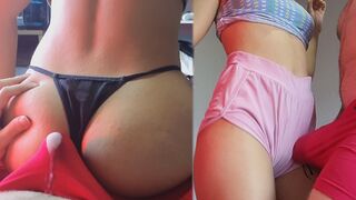 Couple engaged in dry sex while the guy finishes through underwear