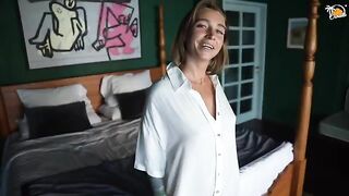 Blonde cougar enjoys hardcore sex in the hotel room with a big toy