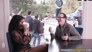 Ebony babe Paris The Muse gets her mouth full with ten big white cocks in a bukkake