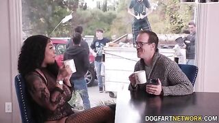 Ebony babe Paris The Muse gets her mouth full with ten big white cocks in a bukkake