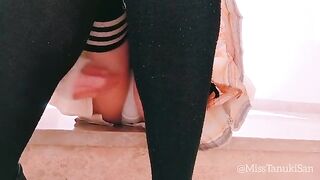 Schoolgirl masturbates without panties, reaching a squirting climax