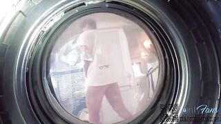 Girl stuck in the washing machine, guy pulls out his dick